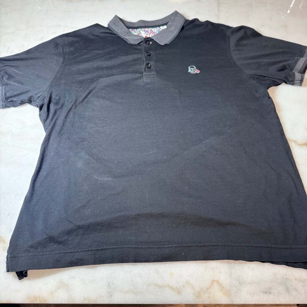 Robert Graham Classic Fit Men's Black Polo Shirt with Skull and Rose Embroidery